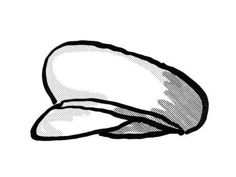 Retro cartoon style drawing of a cheesecutter, flat cap, scally cap, a rounded cap with a small stiff brim in front  on isolated white background done in black and white