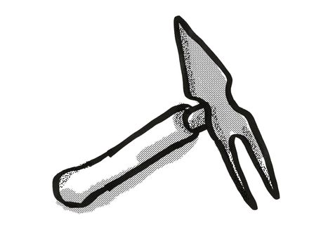 Retro cartoon style drawing of a hand fork and hoe , a garden or gardening tool equipment on isolated white background done in black and white