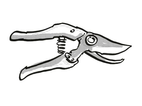 Retro cartoon style drawing of a Pruning shear also called hand pruners or secateurs, a garden or gardening tool equipment on isolated white background done in black and white