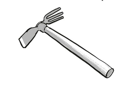 Retro cartoon style drawing of a Japanese cuttle-fish hoe , a garden or gardening tool equipment on isolated white background done in black and white