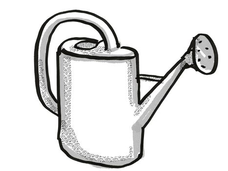 Retro cartoon style drawing of a plastic water or watering can, a garden or gardening tool equipment on isolated white background done in black and white