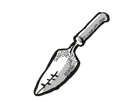 Retro cartoon style drawing of a transplanting trowel, a garden or gardening tool equipment on isolated white background done in black and white