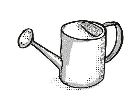 Retro cartoon style drawing of a water or watering can, a garden or gardening tool equipment on isolated white background done in black and white