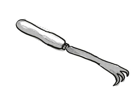 Retro cartoon style drawing of a hand cultivator or rake , a garden or gardening tool equipment on isolated white background done in black and white