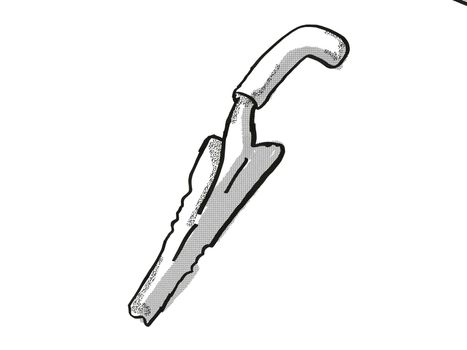 Retro cartoon style drawing of a bulb trowel, a garden or gardening tool equipment on isolated white background done in black and white