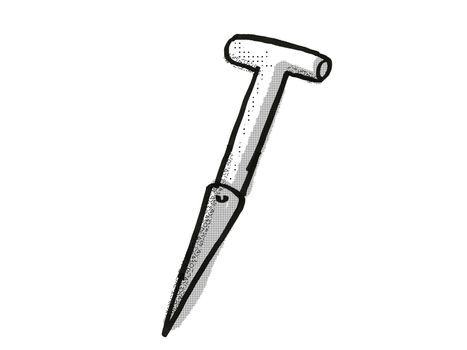 Retro cartoon style drawing of a dibber, dibble or dibbler, a garden or gardening tool equipment on isolated white background done in black and white