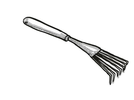 Retro cartoon style drawing of a hand leaf rake, a garden or gardening tool equipment on isolated white background done in black and white