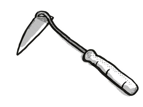 Retro cartoon style drawing of a hand weeder , a garden or gardening tool equipment on isolated white background done in black and white