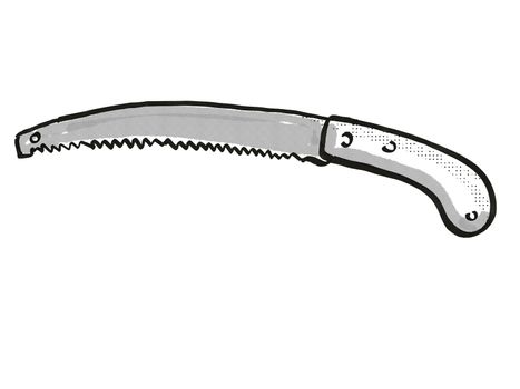 Retro cartoon style drawing of a pruning saw, a garden or gardening tool equipment on isolated white background done in black and white