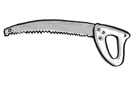 Retro cartoon style drawing of a pruning saw, a garden or gardening tool equipment on isolated white background done in black and white