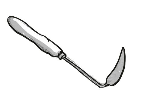 Retro cartoon style drawing of a Korean hand hoe , a garden or gardening tool equipment on isolated white background done in black and white