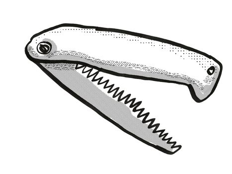 Retro cartoon style drawing of a folding pruning saw, a garden or gardening tool equipment on isolated white background done in black and white