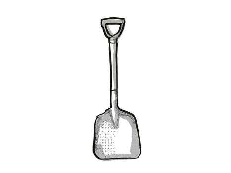 Retro cartoon style drawing of a D-Handle scoop , a garden or gardening tool equipment on isolated white background done in black and white