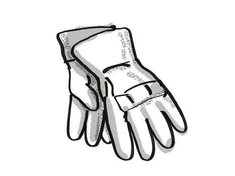 Retro cartoon style drawing of a pair of gardening gloves on isolated white background done in black and white