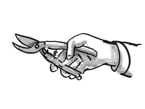 Retro cartoon style drawing of a hand holding secateurs, a garden or gardening tool equipment on isolated white background done in black and white
