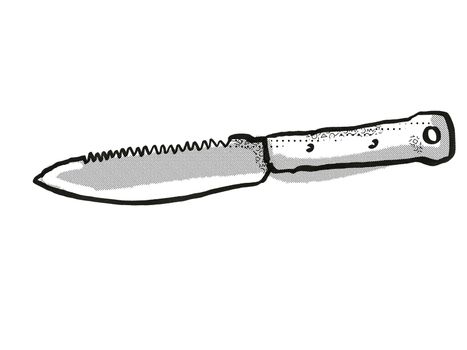 Retro cartoon style drawing of a garden farmers dagger or garden knife , a garden or gardening tool equipment on isolated white background done in black and white