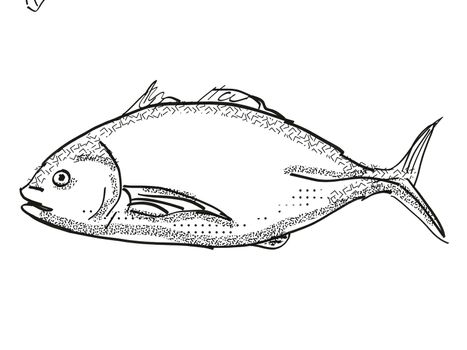 Retro cartoon style drawing of a trevally, a native New Zealand marine life species viewed from side on isolated white background done in black and white