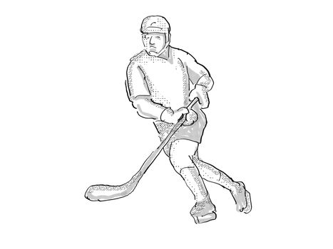 Cartoon style illustration of an ice hockey player in action pose on isolated white background done in retro black and white.