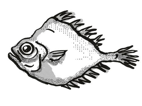 Retro cartoon style drawing of a smooth oreo or smooth dory, a native New Zealand marine life species viewed from side on isolated white background done in black and white