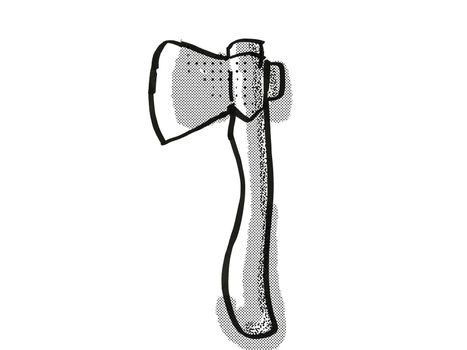 Retro cartoon style drawing of a hatchet , a woodworking hand tool  on isolated white background done in black and white