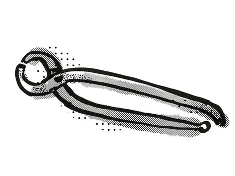 Retro cartoon style drawing of a pair of pincers , a woodworking hand tool  on isolated white background done in black and white