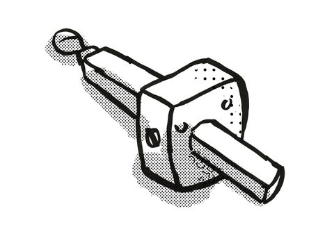 Retro cartoon style drawing of a mortise gauge  , a woodworking hand tool  on isolated white background done in black and white