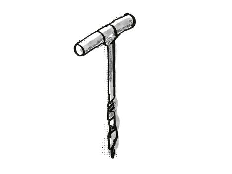 Retro cartoon style drawing of a T-handle auger or gimlet , a woodworking hand tool  on isolated white background done in black and white