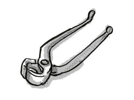 Retro cartoon style drawing of a pair of pincers , a woodworking hand tool  on isolated white background done in black and white