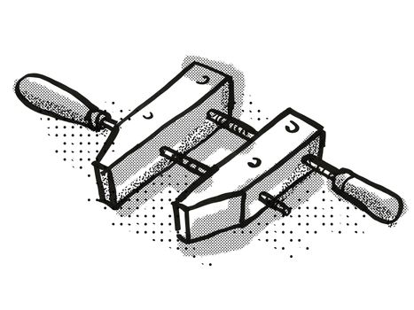 Retro cartoon style drawing of a wooden screw clamp or handscrew clamp  , a woodworking hand tool  on isolated white background done in black and white