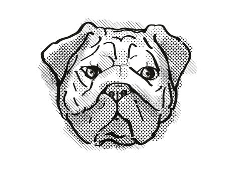 Retro cartoon style drawing of head of a Pug, Chinese pug or  Dutch mastiff  , a domestic dog or canine breed on isolated white background done in black and white.