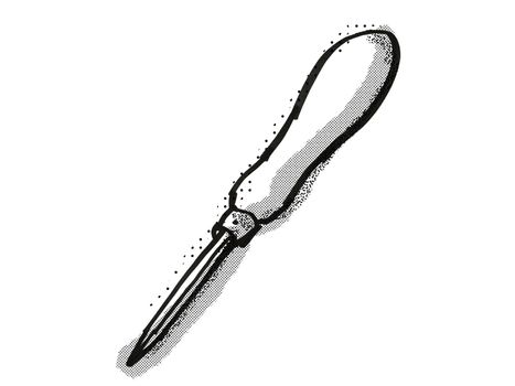 Retro cartoon style drawing of a bradawl , a woodworking hand tool  on isolated white background done in black and white