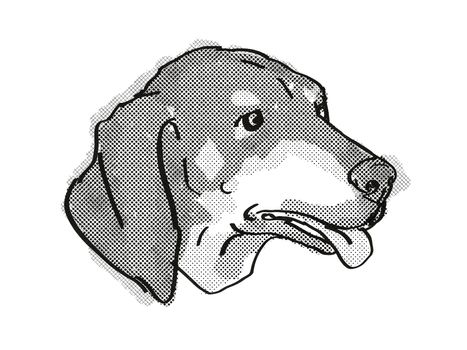 Retro cartoon style drawing of head of a Black and Tan Coonhound  , a domestic dog or canine breed on isolated white background done in black and white.