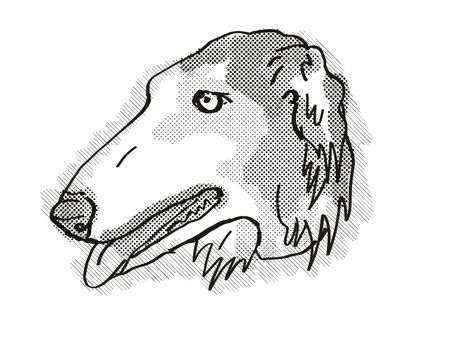 Retro cartoon style drawing of head of a Borzoi , a domestic dog or canine breed on isolated white background done in black and white.