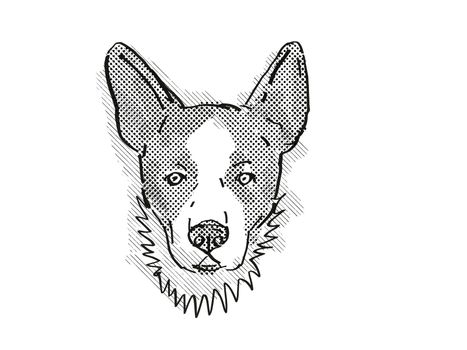 Retro cartoon style drawing of head of a Cardigan Welsh Corgi, a domestic dog or canine breed on isolated white background done in black and white.