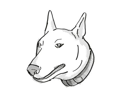 Retro cartoon style drawing of head of a Bull Terrier, a domestic dog or canine breed on isolated white background done in black and white.