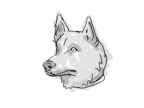 Retro cartoon style drawing of head of a Corgi Inu a mixed breed dog viewed from side on isolated white background done in black and white.