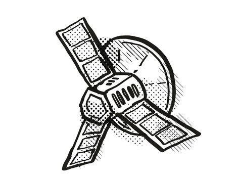 Retro cartoon style drawing of a vintage spaceprobe or space satellite on isolated white background done with half-tone dots in black and white.