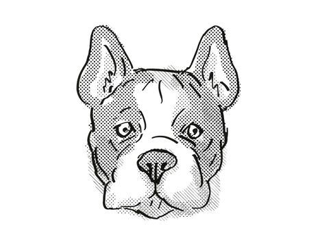 Retro cartoon style drawing of head of a French Bulldog, a domestic dog or canine breed on isolated white background done in black and white.