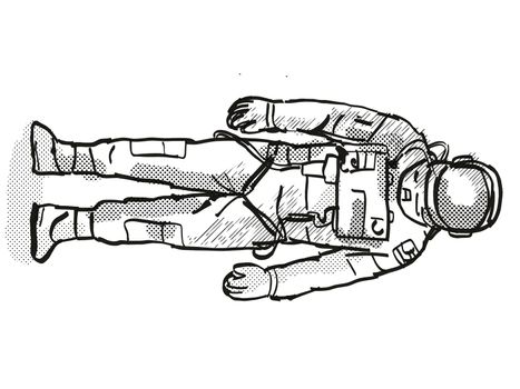 Retro cartoon style drawing of a vintage astronaut or spaceman wearing spacesuit viewed from front on isolated white background done with half-tone dots in black and white.