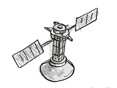 Retro cartoon style drawing of a vintage spaceprobe or space satellite on isolated white background done with half-tone dots in black and white.