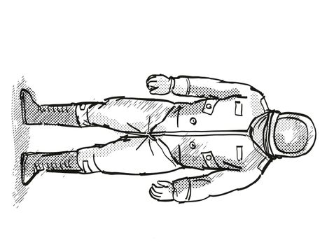 Retro cartoon style drawing of a vintage astronaut or spaceman wearing spacesuit viewed from front on isolated white background done with half-tone dots in black and white.