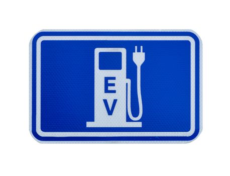 North American road sign with EV charging station on white background. Electric vehicle