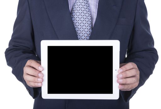 Businessman showing a laptop screen - isolated over a white background
