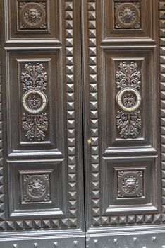 armored door with wooden cover with two doors