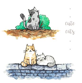 cute cats on white background. watercolor hand painting illustration.