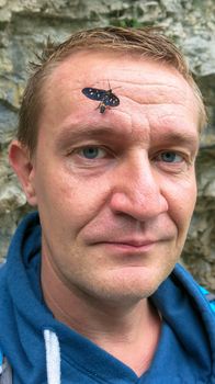 Black butterfly with white dots on the wings on the forehead of a man. Man with a butterfly on his head.