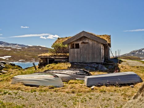 Nice cottage in Norway with boats on the lake Vavatn, Hemsedal.