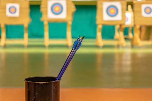 archery in the sports hall. Competition for the best shot an arrow into targets. tournament