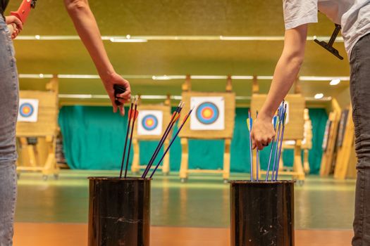 archery in the sports hall. Competition for the best shot an arrow into targets. tournament