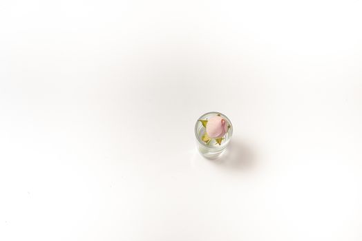 The small rose in transparent glass stack with water and copy space